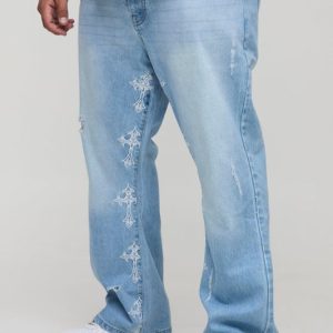 Plus Slim Flared Distressed Cross Gusset Embroidered Jeans
