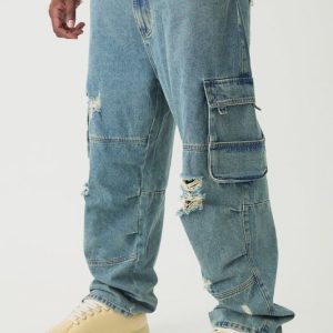 Plus Distressed Cargo Relaxed Fit Jeans