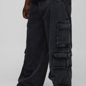 Plus Relaxed Fit Acid Wash Cargo Jeans