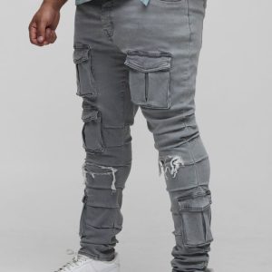 Plus Ruched Rip & Repair Ice Wash Cargo Skinny Jeans