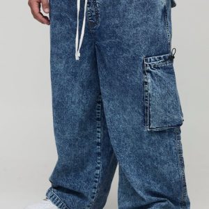 Plus Baggy Acid Wash Drawcord Cargo Jeans