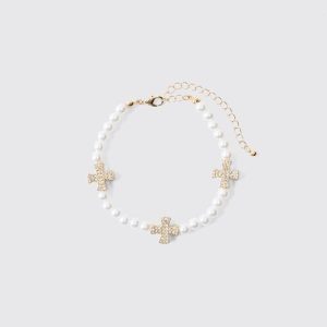 Pearl Bracelet With Iced Cross Charms