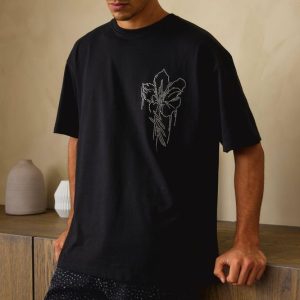 Black Oversized Floral Rhinestone T-Shirt