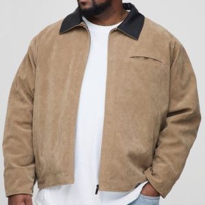 Plus Oversized Boxy Contrast Collar Faux Suede Harrington Jacket