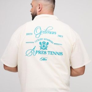 Plus Oversized Boxy Revere Linen Look Apres Tennis Embroidered Shirt