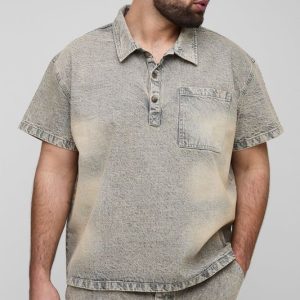 Plus Oversized Washed Denim Short Sleeve Rugby Shirt