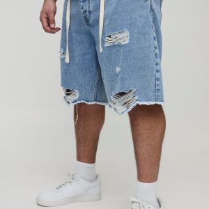 Plus Distressed Drawcord Relaxed Fit Jean Shorts