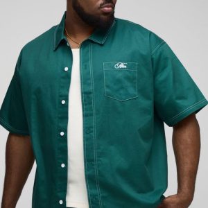 Plus Twill Contrast Stitch Embroidered Short Sleeve Shirt Jacket