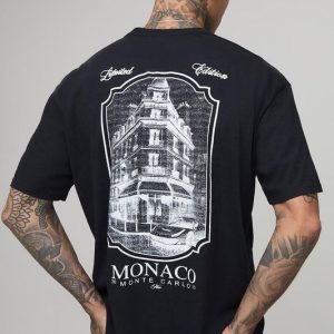 Tall Oversized Washed Black Monaco Landscape Print T-Shirt