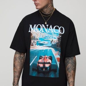 Tall Oversized Extended Neck Monaco Racing Print T-Shirt