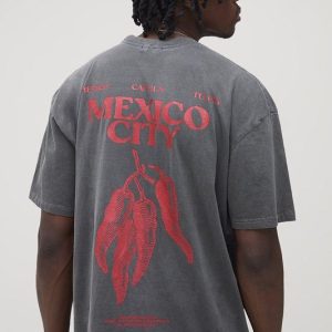 Tall Oversized Mexico Chilli Print Washed T-Shirt