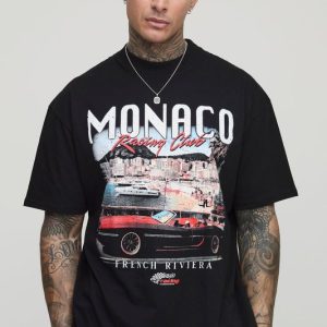 Tall Oversized Extended Neck Monaco Vintage Car Print T-Shirt