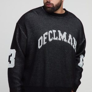 Plus Ribbed Knit Oversized Distressed Varsity Jumper