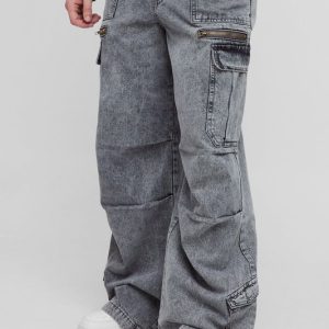 Tall Elasticated Waist Acid Wash Parachute Cargo Jeans