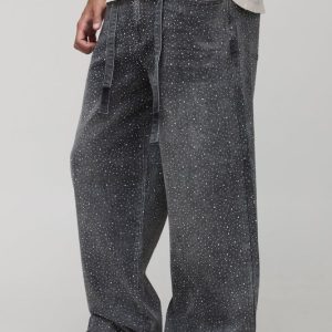 Tall Belted All Over Rhinestone Baggy Fit Jeans