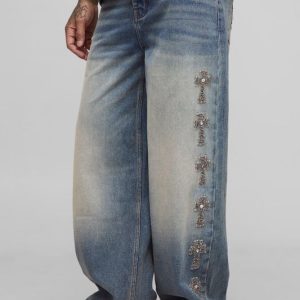 Tall Baggy Rigid Gothic Cross Embellished Jeans