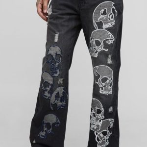 Tall Skull Applique Raw Hem Relaxed Flared Jeans
