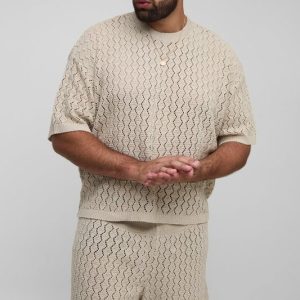 Plus Oversized Boxy Zig Zag Crochet T-Shirt & Short Set
