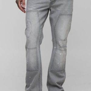 Tall Slim Flared Ripped Carpenter Split Hem Jeans