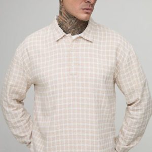 Tall Embroidered Boxy Oversized Boucle Check Rugby Shirt