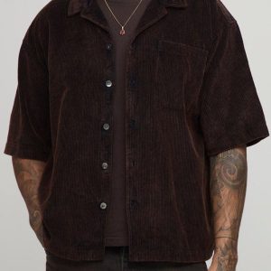 Tall Washed Cord Boxy Oversized Revere Collar Shirt
