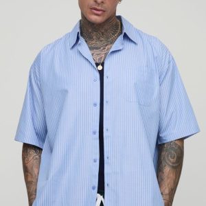 Tall Oversized Stripe Poplin Pocket Front Short Sleeve Shirt