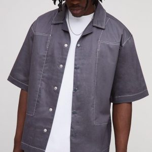 Tall Oversized Half Sleeve Carpenter Contrast Stitch Shirt