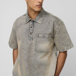Tall Oversized Washed Denim Short Sleeve Rugby Shirt