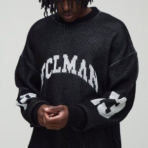 Tall Ribbed Knit Oversized Distressed Varsity Jumper