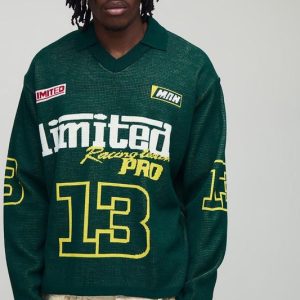 Tall Oversized Boxy Moto Jacquard Knitted Long Sleeve T-Shirt