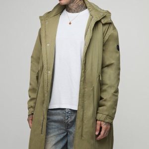 Tall Regular Fit Peached Nylon Funnel Neck Mid Length Parka Jacket
