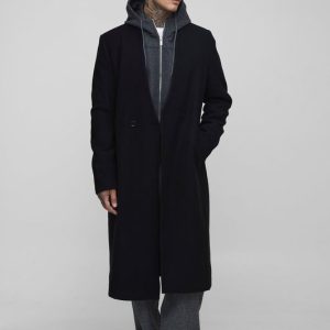 Tall Oversized Boxy Double Breasted Collarless Overcoat