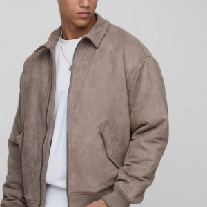 Tall Faux Suede Boxy Oversized Harrington Jacket