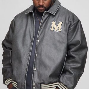 Plus Boxy Washed Pu Varsity Jacket In Grey