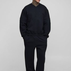 Tall Oversized Boxy V-Neck Varsity Applique Sweatshirt Tracksuit