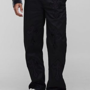 Tall Fixed Waist Cross Applique Relaxed Pants