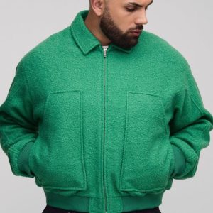 Plus Boxy Boucle Ruched Sleeve Bomber Jacket In Green