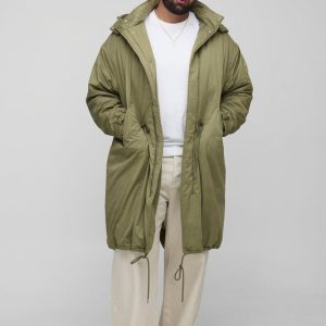 Plus Regular Fit Peached Nylon Funnel Neck Mid Length Parka Jacket