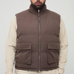 Plus Boxy Faux Suede Funnel Neck Gilet In Chocolate