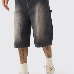 Tall Carpenter Detail Denim Jorts In Grey