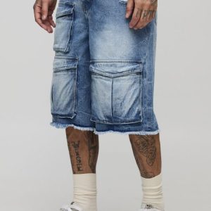 Tall Relaxed Fit Ice Wash Raw Hem Distressed Cargo Jorts