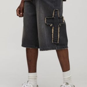Tall Regular Fit Cross Applique Washed Black Jorts