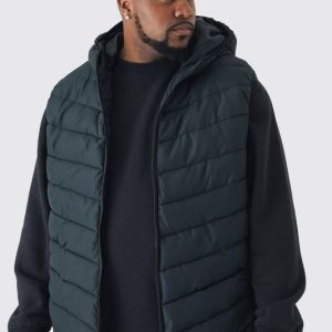 Plus Quilted Zip Through Hooded Regular Fit Vest In Black