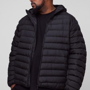 Plus Zip Through Regular Fit Hooded Puffer Jacket In Black