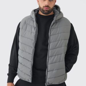 Plus Quilted Zip Through Hooded Regular Fit Vest In Charcoal