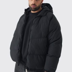 Plus Man Regular Fit Hooded Puffer Coat In Black