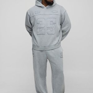 Plus Oversized Boxy Acid Wash Applique Hooded Tracksuit