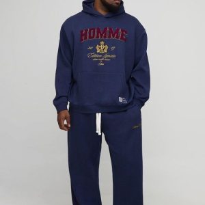 Plus Oversized Homme Varsity Applique Hooded Tracksuit