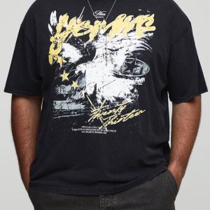 Plus Oversized Extended Neck Acid Wash Man Eagle Print T-Shirt