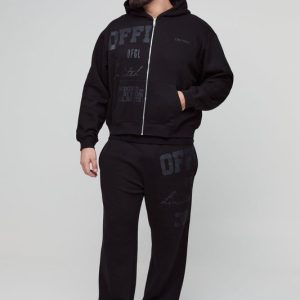 Plus Oversized Boxy Official Tonal Print Zip Hooded Tracksuit